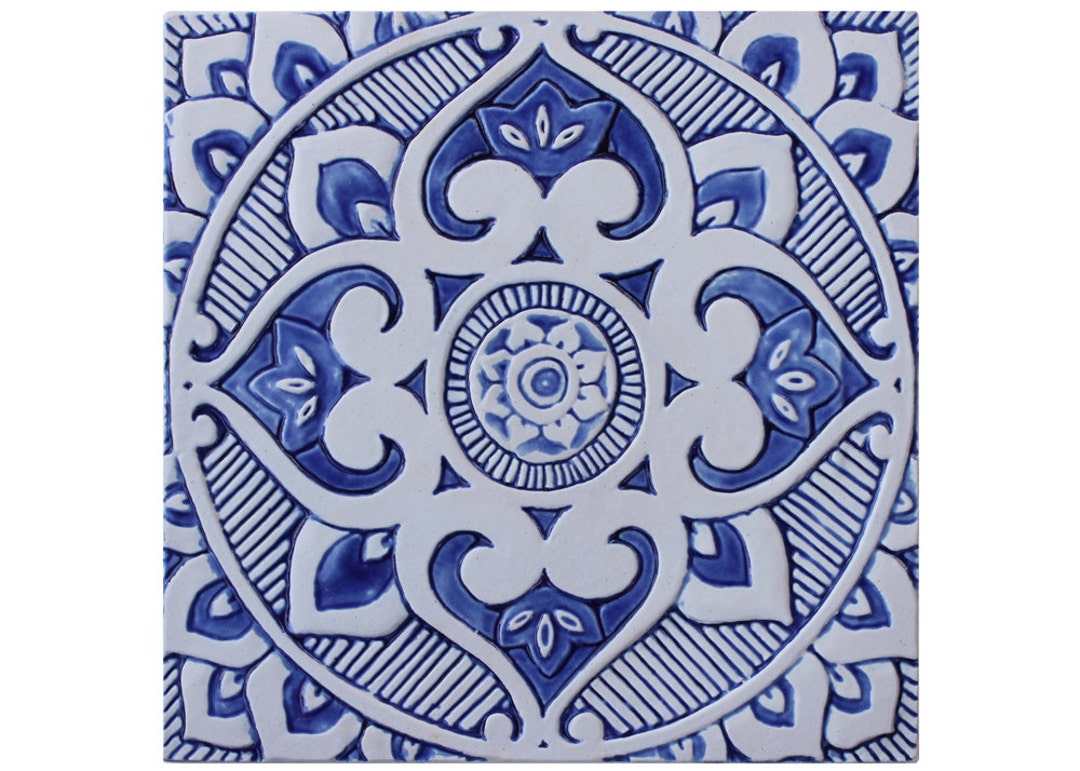 Outdoor Wall Art With Boho Design, Blue and White Garden Decor, Ceramic