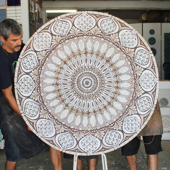 Large Outdoor Wall Art Circle Garden Decor With Mandala Design Wall Mural for Garden Decor Large Ceramic Tile Boho 62cm 24.4 Matt Blue Etsy Canada