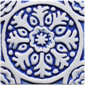 Bathroom Ceramic Art, Wall Decor With Floral Design, Artistic Tiles, Hand Painted Tile, Wall Art Collection, Suzani #1  10cm Blue&White