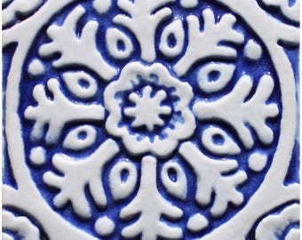 Handmade Ceramic Tile: Blue & White Floral Suzani Art (10cm)