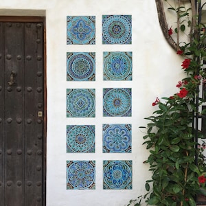 arte de pared hecho de cerámica (x10) - arte exterior - decoración de jardín - arte marroqui - azulejo artesanal - turquesa