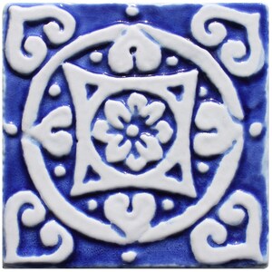 Ethnic Tile Decor, Tile For Garden Wall Design, Ceramic Tile, Hand Painted Tile, Handmade Tile, Ceramic Tiles, Mandala #2 10cm Blue&White