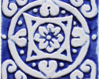 Handmade Ceramic Tile: Blue & White Mandala, Ethnic Decor (10cm)