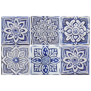 6 Ceramic Tiles For Wall Art, Ceramic Art, Garden Decor, Kitchen Backsplash Tiles, Bathrooms Style, Moroccan-Mandala-Suzani Design 15cm Blue