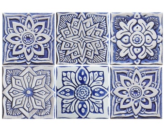 6 Ceramic Tiles For Wall Art, Ceramic Art, Garden Decor, Kitchen Backsplash Tiles, Bathrooms Style, Moroccan-Mandala-Suzani Design 15cm Blue