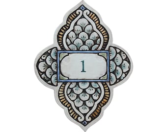 Ceramic House Number Plaque, Moroccan Decor, Personalized Address Sign (9.05 x 12.2") Matt Green
