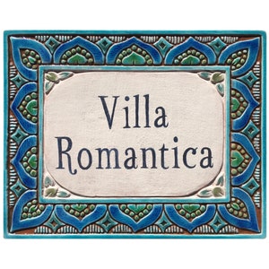 Großes Haus Schild aus Keramik, Custom Haus Plaque Spanische Fliesen, personalisiertes Adressschild, Mandala #1 Türkis Blau