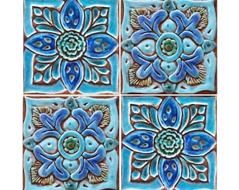 4 Ceramic Tiles For Backyard Decor, Bathroom Tile, Kitchen Backsplash Inspirations, Wall Art Hanging, Moroccan-Mandala-Suzani 15cm Turquoise