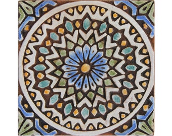 Beautiful Moroccan relief tile 20cm, handmade and hand painted ceramic tiles, collectibles housewarming gift wall art,  Moroc #2 Matt Blue