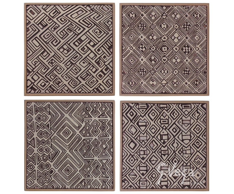 4 African Wall Hangings Made From Ceramic And Glazed In Creams Tile Art Sculpture Deco 32 5cm