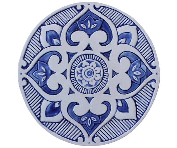 Blue & White Ceramic Mandala Wall Art: Ethnic Tile Decor (30cm)