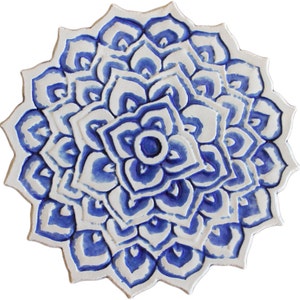 Home Decor With Mandala Design, Decorative Tile, Ceramic Wall Art, Hand Painted Tile, Circule Tile Decor For Kitchen, Mandala 2 Cutout Blue image 1