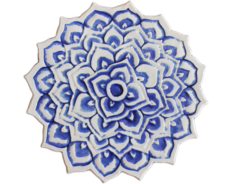 Home Decor With Mandala Design, Decorative Tile, Ceramic Wall Art, Hand Painted Tile, Circule Tile Decor For Kitchen, Mandala 2 Cutout Blue image 1