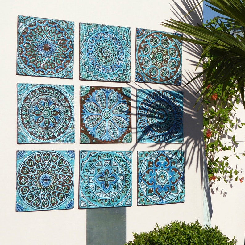 Garden Decor With Mandala Design, Outdoor Wall Art, Ceramic Tile, Yard Art, Wall Sculpture, Decorative Art Tiles, Mandala 5 30cm Turquoise image 8