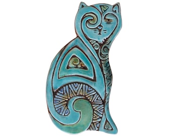 Ceramic cat // Cat sculpture // Cat Wall art // Ceramic art // Cat ornament // Deco cat left // 26cm // Turquoise