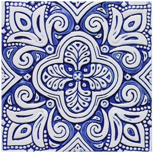 Large Spanish Tile Wall Art Made From Ceramic, Spanish Tile Mural, Outdoor Wall Art, Decorative Tile Mural #4 30cm Blue&White