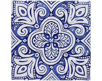 Azulejo estilo Español, azulejo artesanal grande, azul y blanco 30cm #4