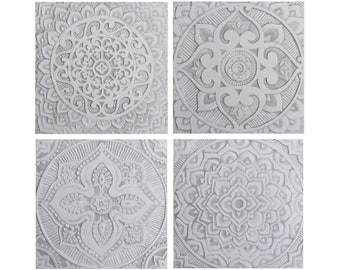 4 Boho Ceramic Tiles:  Mandala Wall Art, Grey & White (30cm/11.8")
