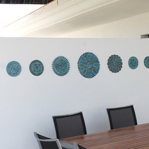 Ceramic wall art with Suzani design, outdoor wall art made from ceramic, Ceramic tiles for shops garden, Garden art, 3 ceramic tiles Suzani #2