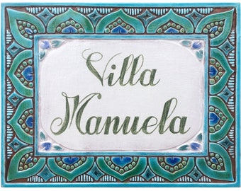 Ceramic House Sign, Personalised House Name Sign, House Plaque, House Name Spanish Tile, Personalized Address Sign, Mandala Turquoise Green