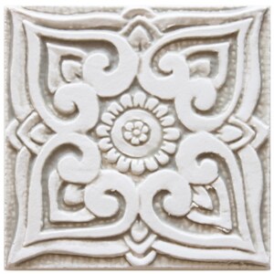 Outdoor Wall Art, Ceramic Tile With Ethnic Design, Mandala Boho Chic, Beige And White, Ceramic Tile,   Mandala #1 15cm Beige And White