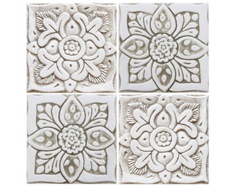 4 Ceramic Tiles For Wall Art, Ceramic Art, Garden Decor, Kitchen Backsplash Tiles, Bathrooms Style, Moroccan-Mandala-SuzaniDesign 15cm Beige