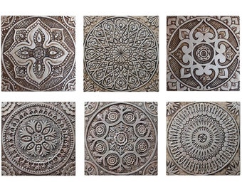 6 Ceramic tiles, ethnic wall hangings, Bathroom tiles, Decorative tiles, Outdoor wall art, Ceramic tiles, Wall sculpture, aged silver 30cm