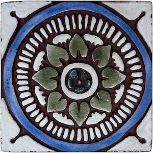 Ceramic Tile With Mandala Decor, Decorative Relief Tile, Bathroom Wall Decor, Spanish Tile, Ceramic Tile, Mandala #3 10cm Matt Blue