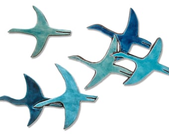 6 fliegende Vögel Wandkunst aus Keramik für Wandkunst im Freien, Outdoor-Dekor, fliegende Vögel, Badezimmer-Wanddekoration, Kräne Türkis