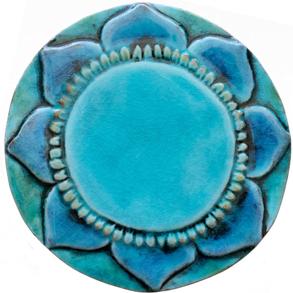 Azulejo de cerâmica artesanal com mantra: turquesa para pendurar na parede (19 cm / 7,5")