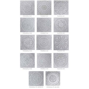 May include: Nine different tile designs with intricate patterns in shades of gray. The tiles are arranged in a grid with three rows and three columns. The tiles are labeled with the names "Mandala", "Moroc", and "Suzani" followed by a number.
