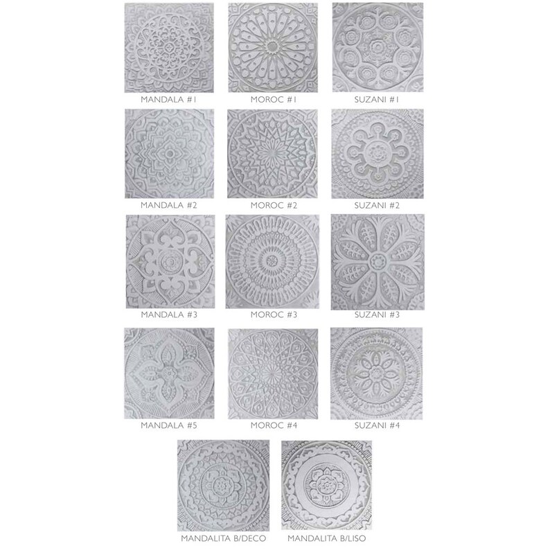 May include: Nine different tile designs with intricate patterns in shades of gray. The tiles are arranged in a grid with three rows and three columns. The tiles are labeled with the names "Mandala", "Moroc", and "Suzani" followed by a number.