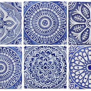 10 Spanish Ceramic Tiles For Patio Decor, Outdoor Wall Art Installation, Ceramic Wall Art Design, Hand Painted Tiles, Mix 30cm Blue&White