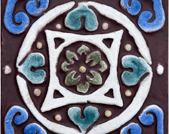 Handmade Ceramic Tile: Ethnic Mandala Wall Decor, Matt Blue (10cm)