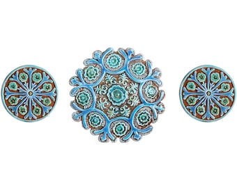 3 Artistic Ceramic Decor With Floral Design, Wall Art With Suzani Design, Circle Wall Sculpture, Suzani #1 Cutout 28.5cm Turquoise
