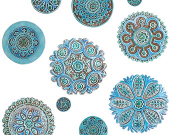 10 Suzani Ceramic Tiles Wall Art, Mix Sizes Carved Circles, Yard Art, Outdoor Wall Sculpture, Circle Wall Art, Suzani Circles Turquoise