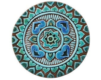 Boho Ceramic Art With Mandala Design For Kitchen Wall Decor, Circle Wall, Ceramic Tile For Wall Hanging, Mandala #3 21cm Turquoise