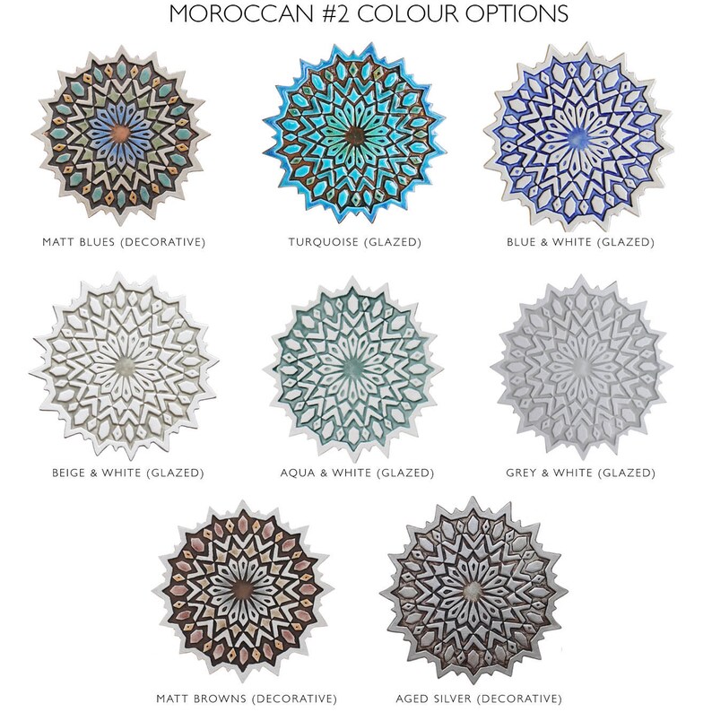 May include: Eight decorative ceramic wall plates with a Moroccan design. The plates feature a variety of colors and finishes, including matt blues, turquoise, blue and white, beige and white, aqua and white, grey and white, matt browns, and aged silver.