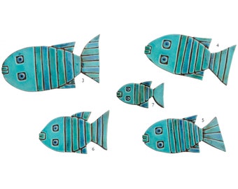 Outdoor wall art set of 5 fish, Fish wall decor, Fish wall art, fish wall tiles, Ceramic art, Garden decor, Turquoise, stripy fish, abstract