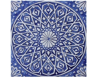 Moroccan Wall Hanging, Outdoor Wall Art Made From Ceramic, Tile Art For Garden Decor, Ceramic Tile Boho Design, Moroc #4 30cm Blue&White