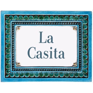 Wall Decor Spanish Tile Plaque, Personalized Handmade Address Sign, House Name Sign Made From Ceramic, Outdoor Sign, Leaves Turquoise Green