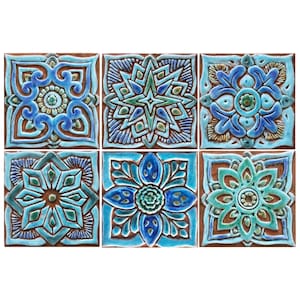 6 Ceramic Tiles For Wall Decor With Design, Ceramic Tile, Garden Art, Outdoor & Indoor Decor, Functional Art, Home Handmade 15cm Turquoise