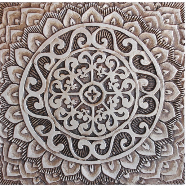 Mandala ceramic art // Ceramic tile // Decorative tile // Ceramic art // Hand painted tile // Mandala #1 silver // 30cm