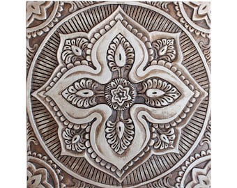 Garden Art With Mandala Design, Boho Chic Ceramic Tiles, Backyard Decor, Ethnic Patio Wall Art Tiles, Yard Art, Mandala #5 30cm Aged Silver