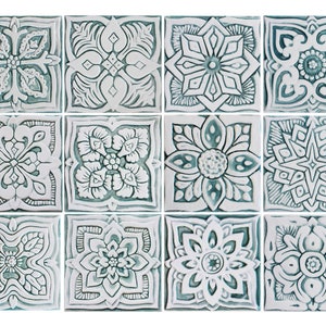 12 Decorative Tiles For Kitchens & Bathrooms, Handmade Tiles Carved In Relief, Ceramic Tiles, Spanish Tiles, Mosaic Tiles, 15cm Aqua