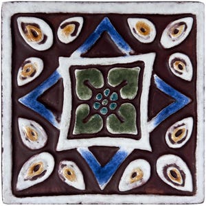 Garden Ceramic Tile, Yard Art Decor Tile, Outdoor Wall Art, Ceramic Tile With Ethnic Design, Patio Tile Decor, Spanish #3 10cm Matt Blue