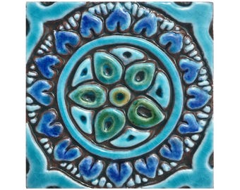 Handmade Turquoise Ceramic Tile: Ethnic Mandala Wall Decor (10cm)