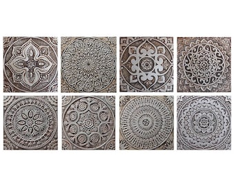 8 Handmade Ceramic Wall Tiles, Aged Silver Moroccan Suzani Mandala Designs, 30cm/11.8"