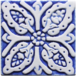Piastrelle artistiche da parete per decorazioni murali con motivo floreale, piastrelle artistiche, piastrelle dipinte a mano, collezione di decorazioni murali, Suzani #2 10 cm blu e bianco