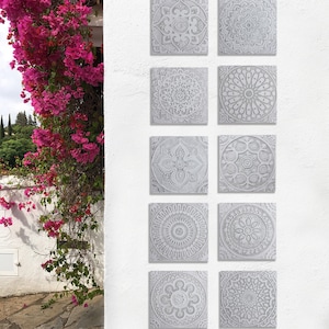 10 Decorative Tiles For Wall Hanging, Ceramic Tiles For Outdoor Wall Art Garden Decor, Wall Sculpture, Hand Painted Tiles, Mix 30cm Grey